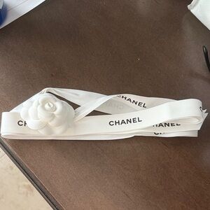 CHANEL White  Ribbon with  Flower Accessory 84” long